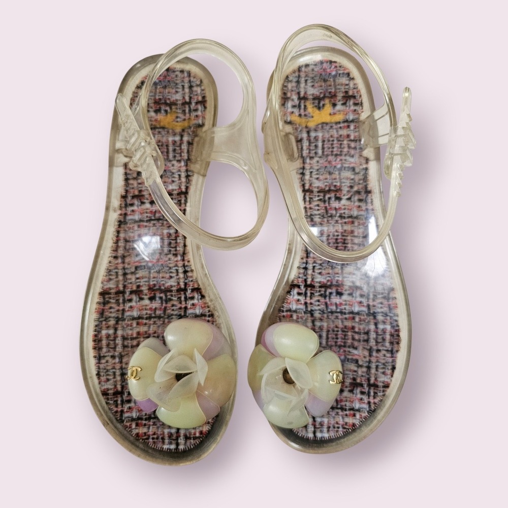 CHANEL Pink CC Clear Camelia Jelly Strap Flip Flops Flat Sandals EU 37 US‎ 6.5